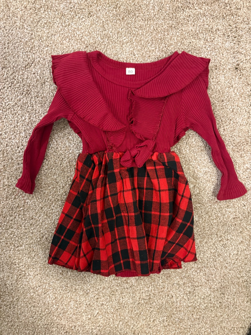 Red Ruffled Knit Top with Red & Black Plaid Skirt